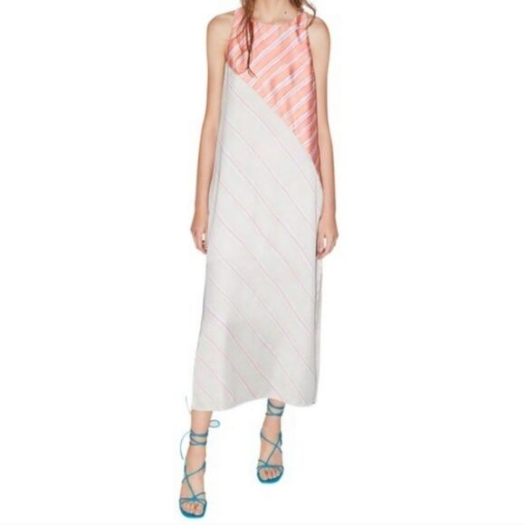 Zara Mixed Print Striped Satin Sleeveless Straight Shift Midi Slip Dress M - Picture 1 of 8